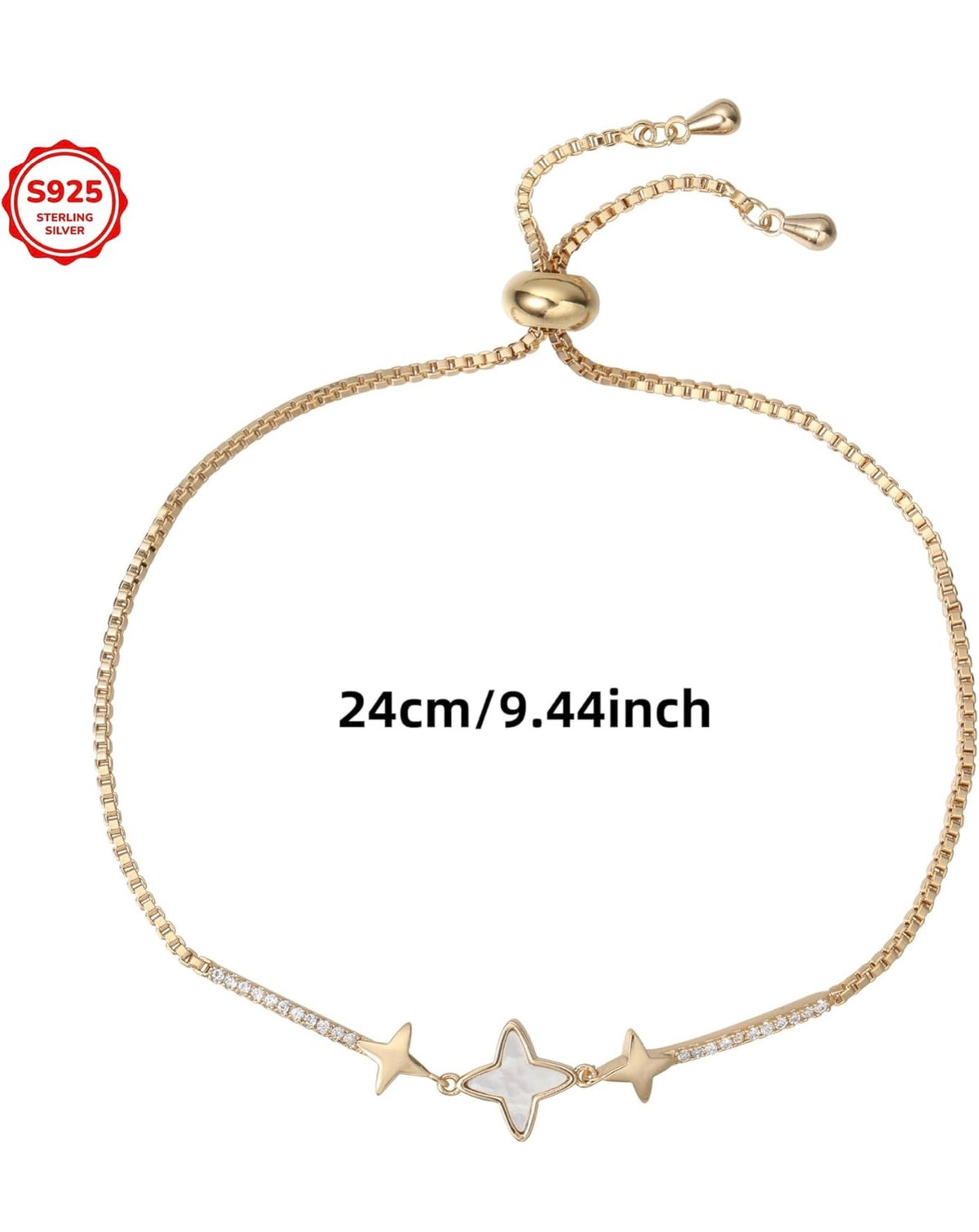 Celestial Star 18K Gold Plated Mother of Pearl & CZ Bolo Adjustable Bracelet