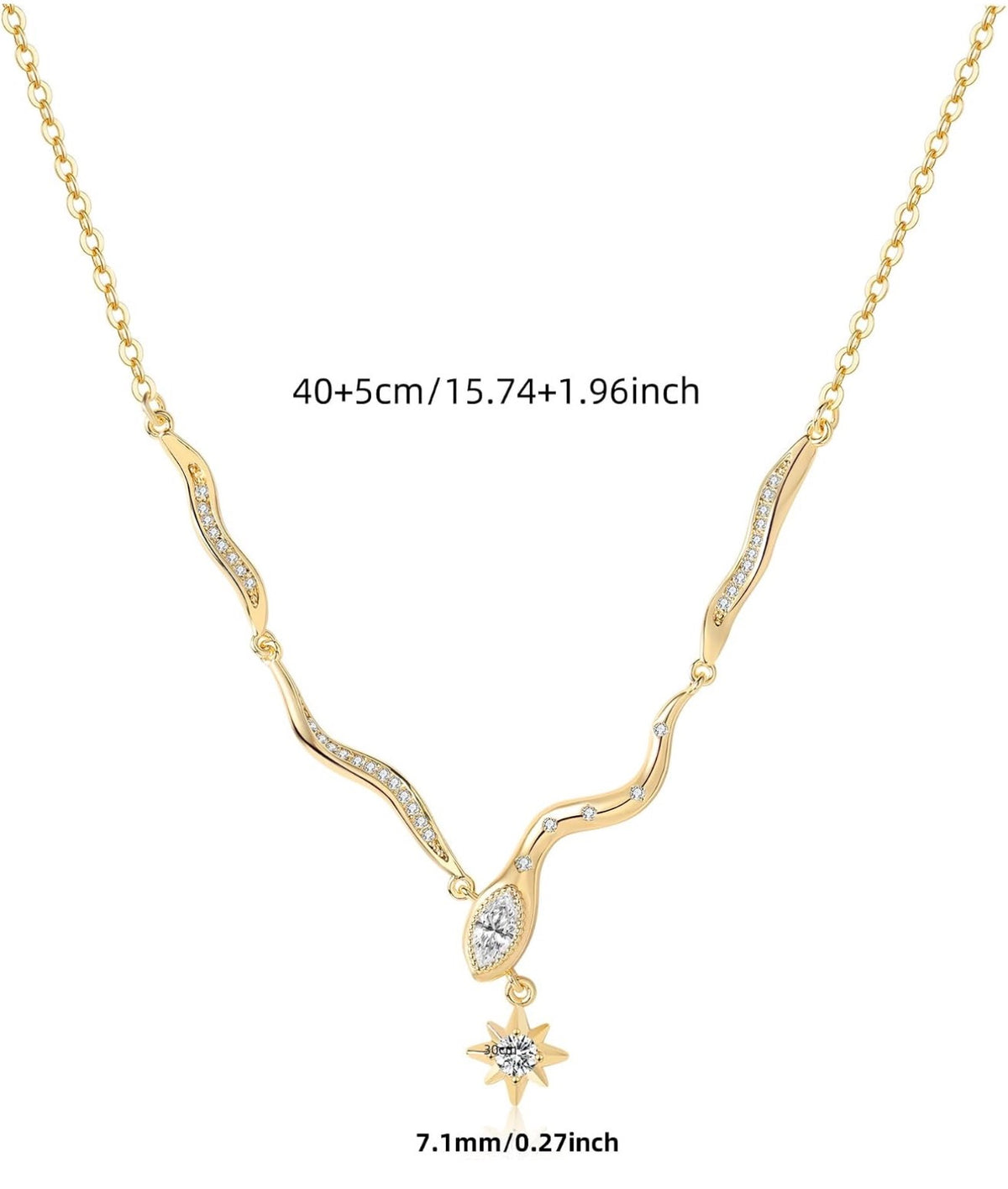 Serpentine Snake Star Pendant Necklace 18K Gold Plated CZ Diamond Accents