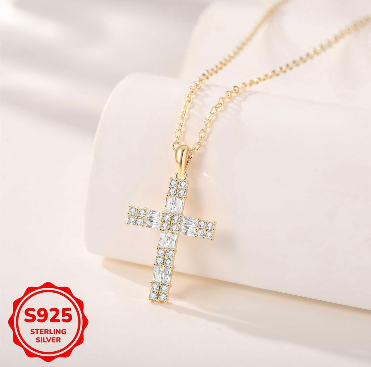 Gold Cross Necklace for Women – 18K Champagne Gold Plated Sterling Silver Sparkling 5A CZ Cross Pendant
