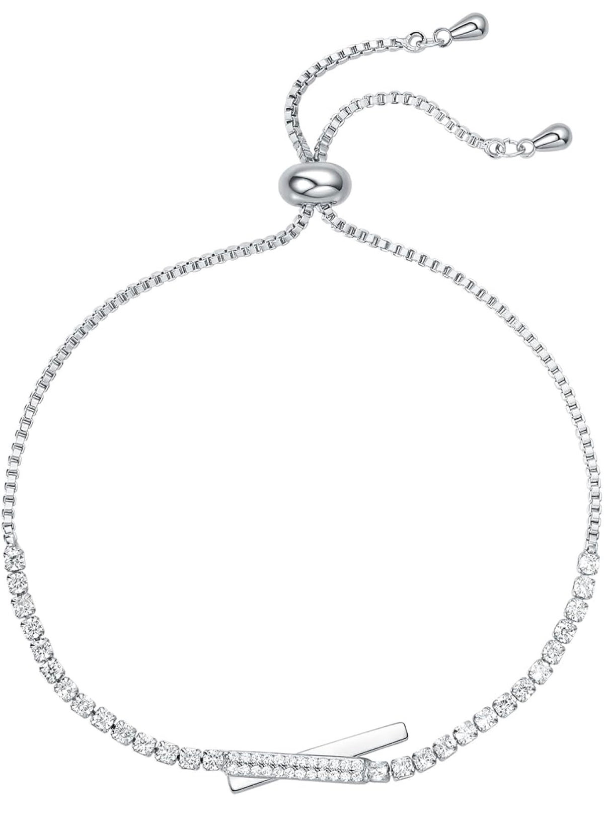 Sterling Silver Tennis Bracelet for Women – Adjustable Sparkling Cubic Zirconia Bolo Bracelet