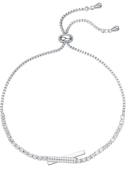 Sterling Silver Tennis Bracelet for Women – Adjustable Sparkling Cubic Zirconia Bolo Bracelet