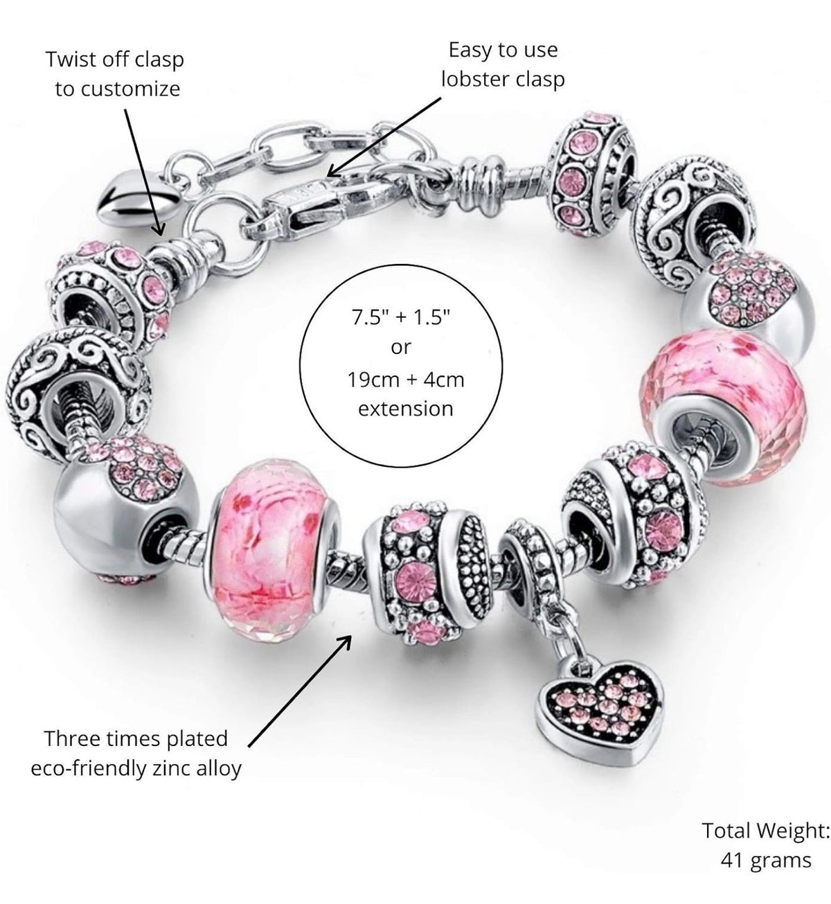 Pink Hearts Silver Plated Charm Bracelet Set