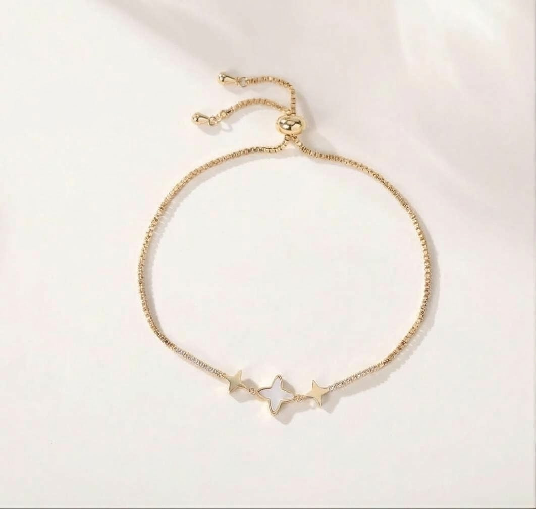 ⁠Celestial Star 18K Gold Plated Mother of Pearl & CZ Bolo Adjustable Bracelet