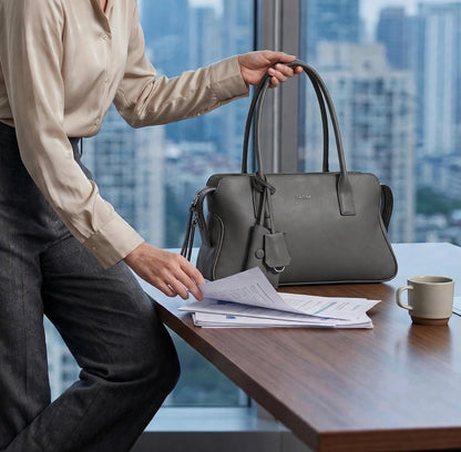 CAITINA Shoulder Bag Satchel Top Handle Hand Bag w/ Shoulder Strap – PU Vegan Leather – Charcoal Gray - Brand New