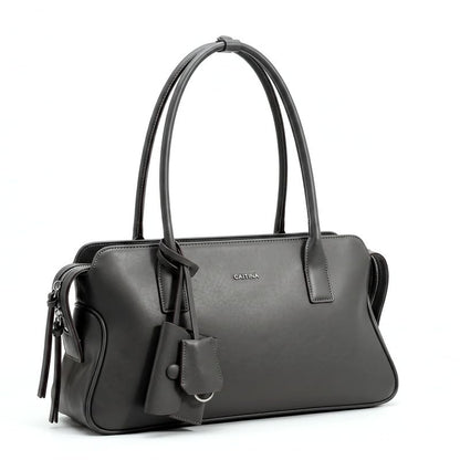 CAITINA Shoulder Bag Satchel Top Handle Hand Bag w/ Shoulder Strap – PU Vegan Leather – Charcoal Gray - Brand New