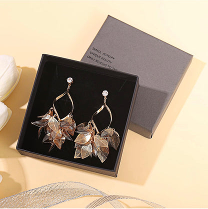 Gold Leaf Dangle Earrings for Women Nature-Inspired 925 Sterling Silver Twisted Chandelier Jewelry with Cubic Zirconia