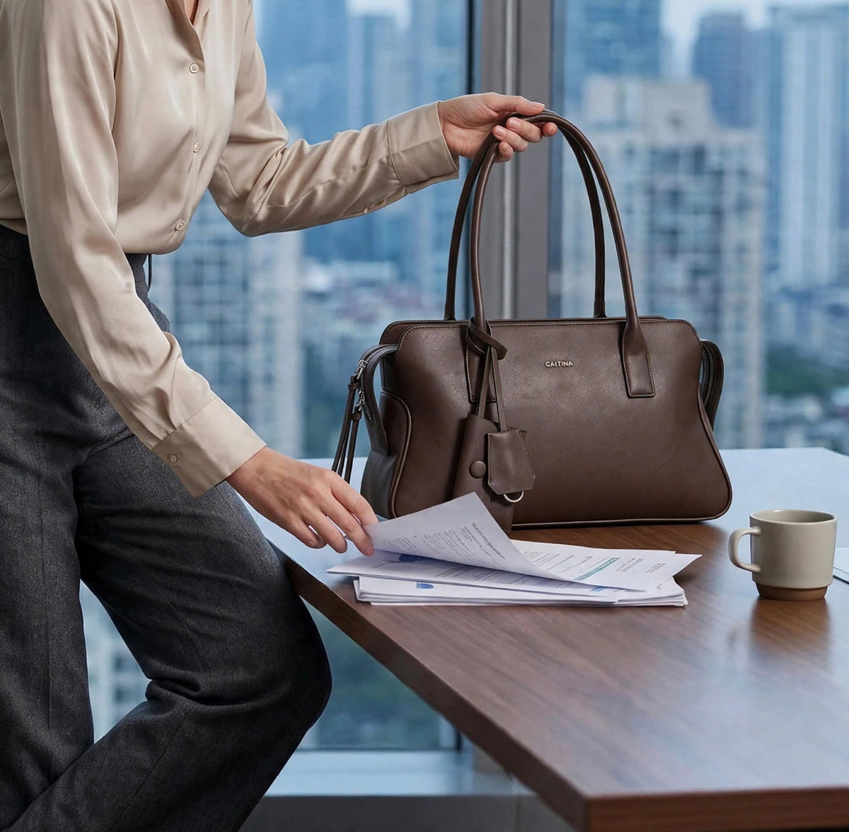 CAITINA Shoulder Bag Satchel Top Handle Hand Bag w/ Shoulder Strap – PU Vegan Leather – Dark Brown Espresso - Brand New
