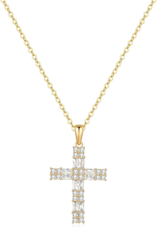 Gold Cross Necklace for Women – 18K Champagne Gold Plated Sterling Silver Sparkling 5A CZ Cross Pendant