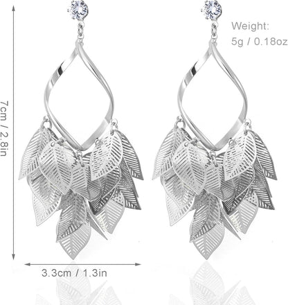 Silver Leaf Dangle Earrings for Women Nature-Inspired 925 Sterling Silver Twisted Chandelier Jewelry with Cubic Zirconia