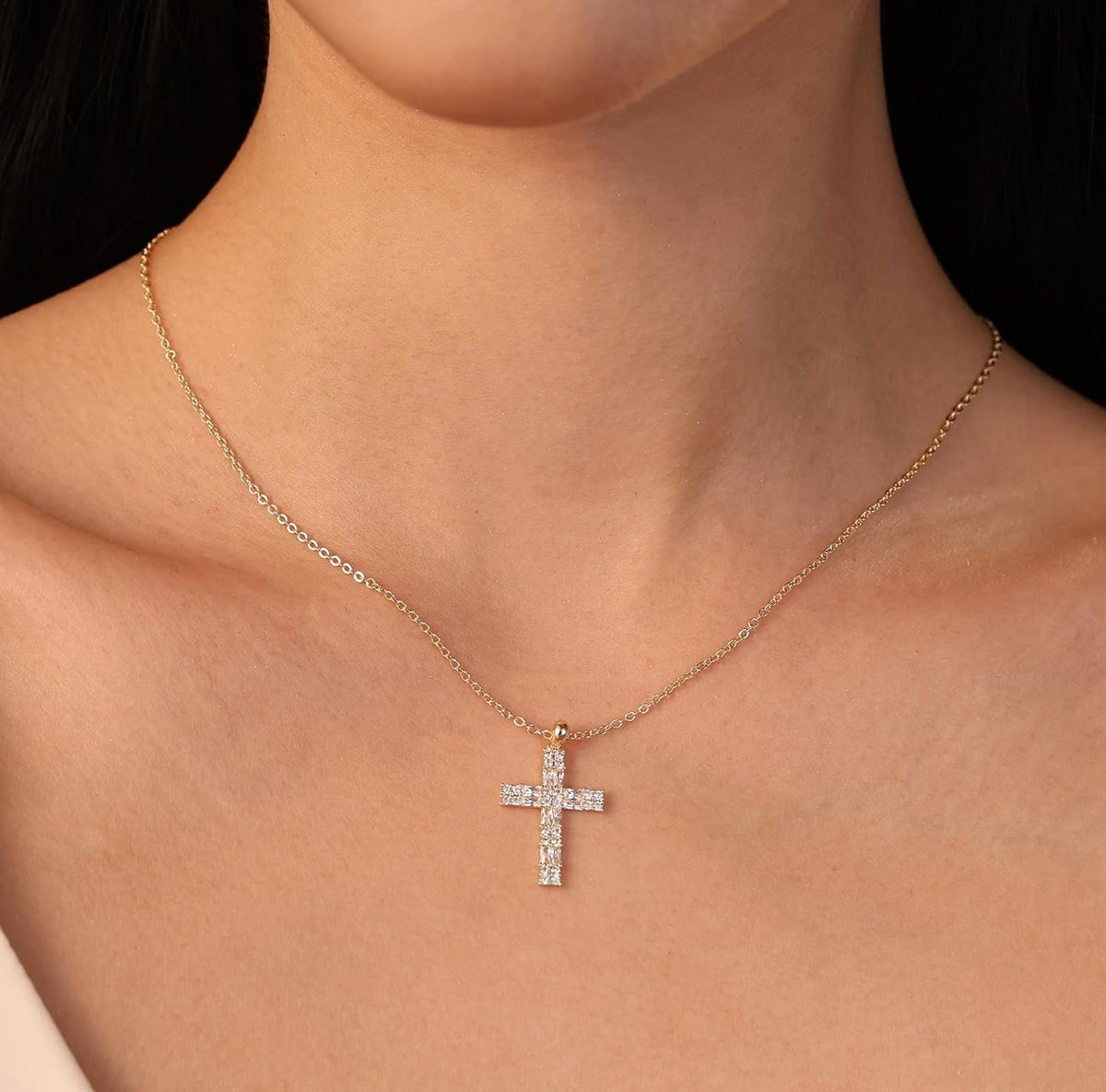 Gold Cross Necklace for Women – 18K Champagne Gold Plated Sterling Silver Sparkling 5A CZ Cross Pendant