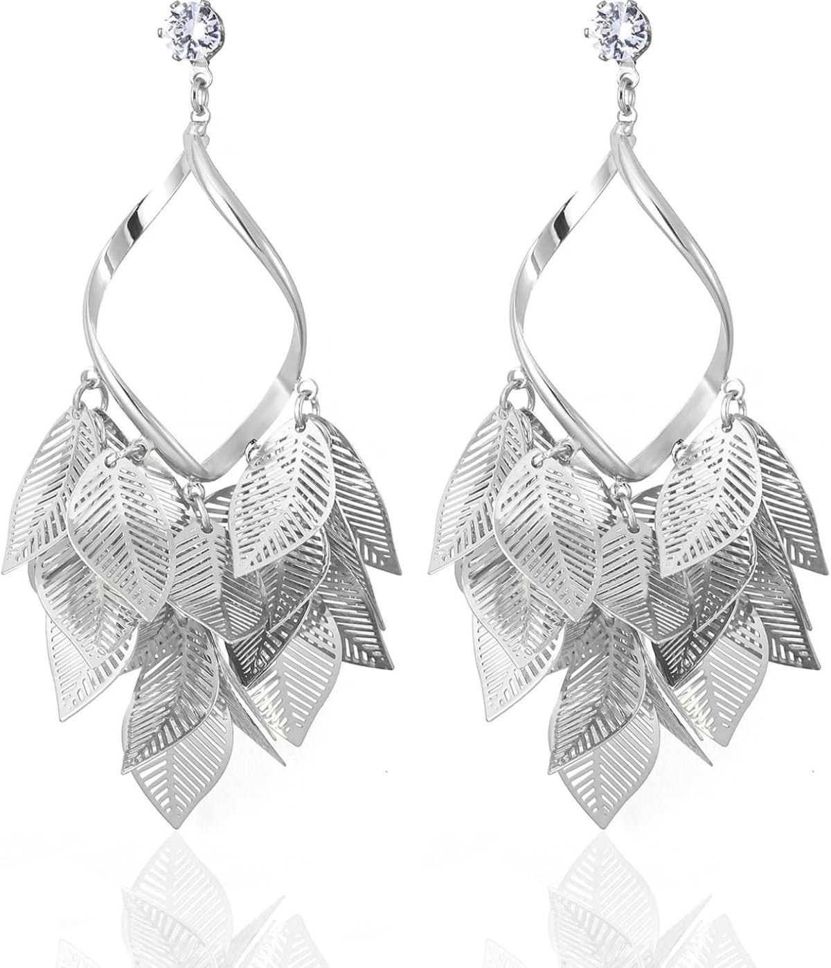 Silver Leaf Dangle Earrings for Women Nature-Inspired 925 Sterling Silver Twisted Chandelier Jewelry with Cubic Zirconia