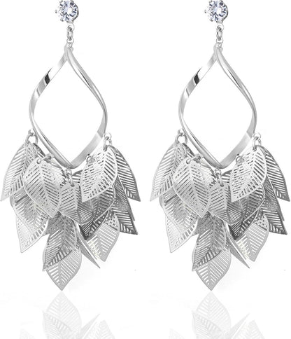 Silver Leaf Dangle Earrings for Women Nature-Inspired 925 Sterling Silver Twisted Chandelier Jewelry with Cubic Zirconia