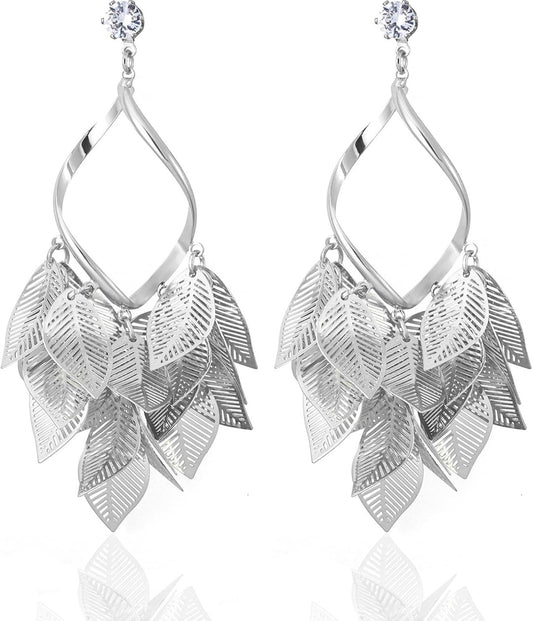 Silver Leaf Dangle Earrings for Women Nature-Inspired 925 Sterling Silver Twisted Chandelier Jewelry with Cubic Zirconia