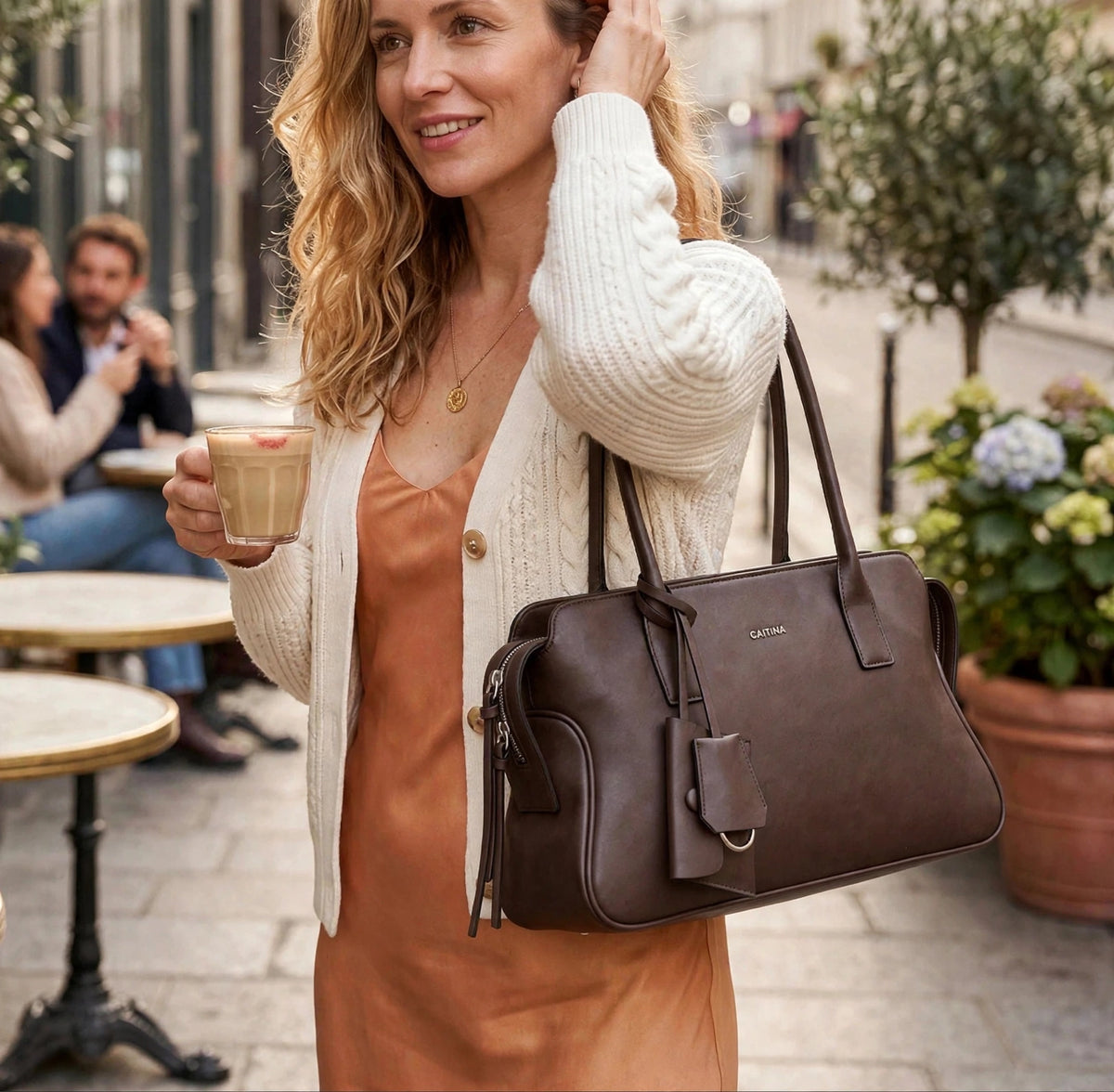 CAITINA Shoulder Bag Satchel Top Handle Hand Bag w/ Shoulder Strap – PU Vegan Leather – Dark Brown Espresso - Brand New