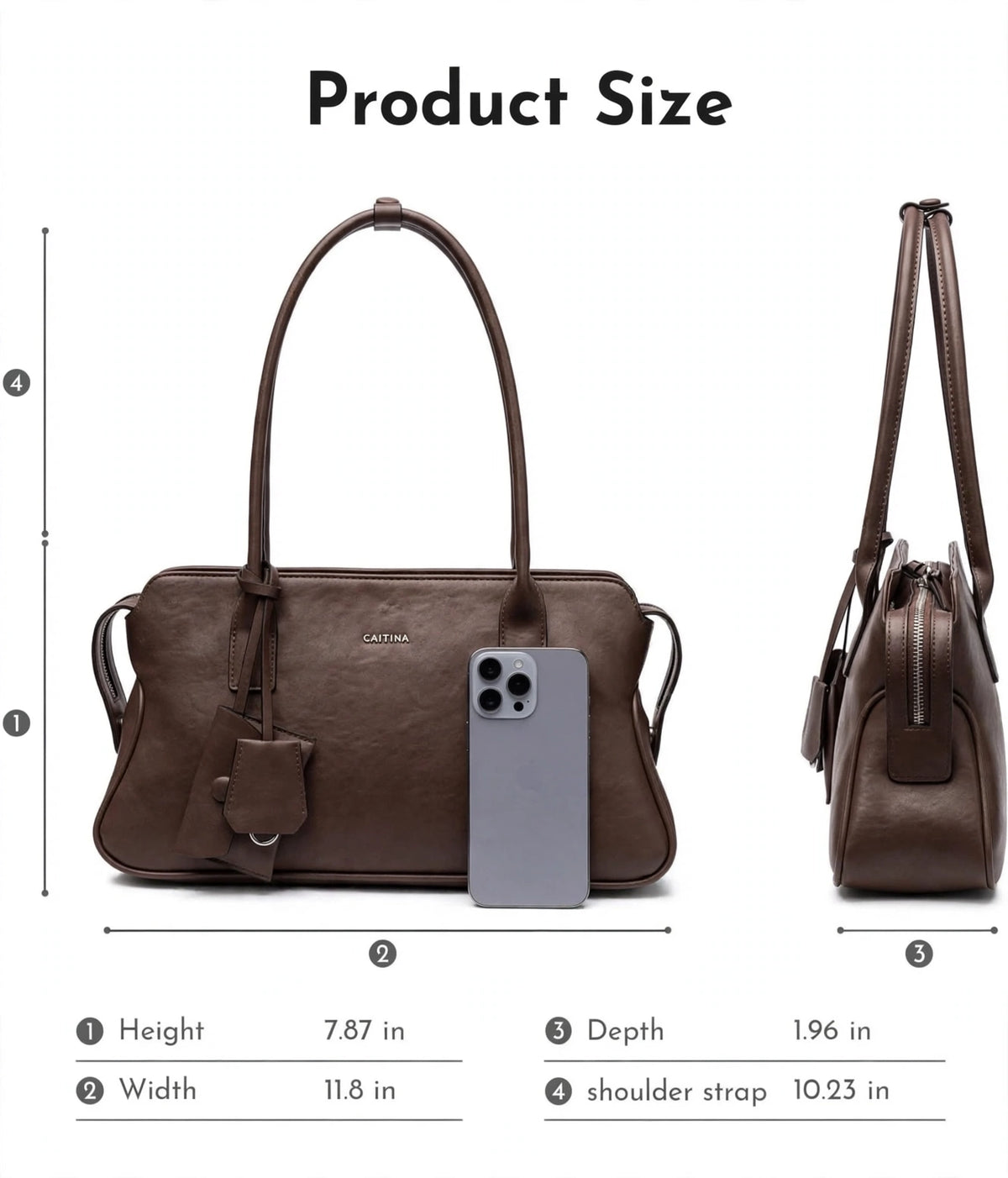 CAITINA Shoulder Bag Satchel Top Handle Hand Bag w/ Shoulder Strap – PU Vegan Leather – Dark Brown Espresso - Brand New