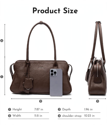CAITINA Shoulder Bag Satchel Top Handle Hand Bag w/ Shoulder Strap – PU Vegan Leather – Dark Brown Espresso - Brand New