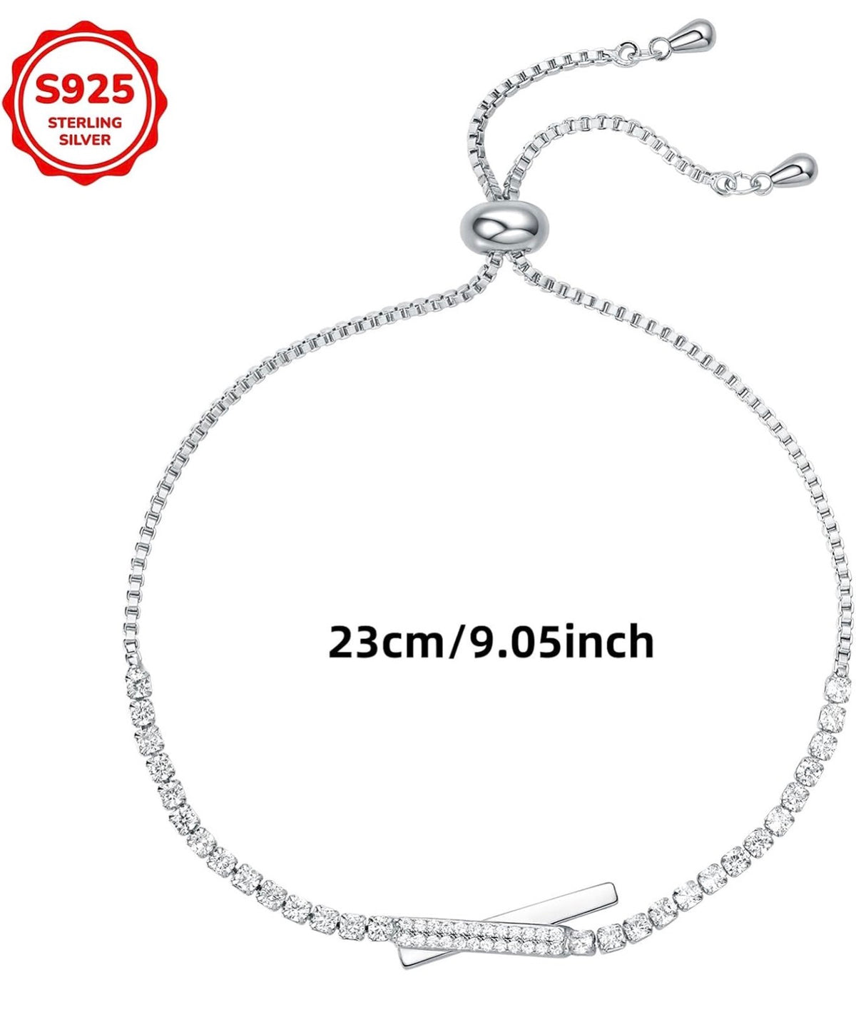 Sterling Silver Tennis Bracelet for Women – Adjustable Sparkling Cubic Zirconia Bolo Bracelet