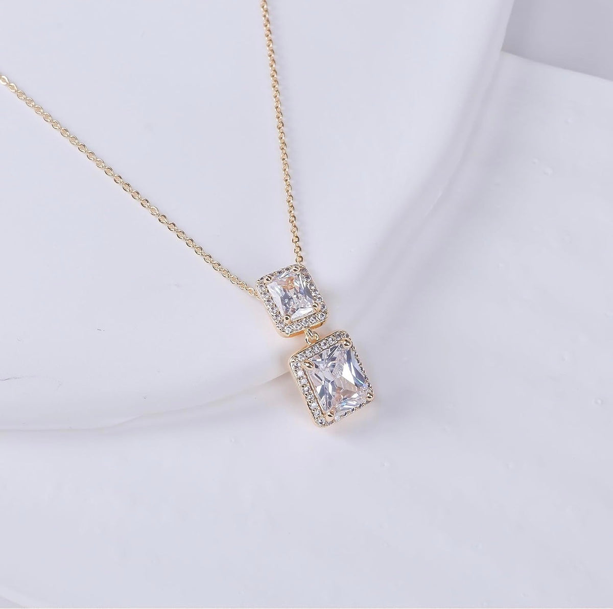 Double Radiant-Cut CZ Pendant Necklace S925 Sterling Silver 18K Gold Plated