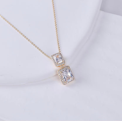 Double Radiant-Cut CZ Pendant Necklace S925 Sterling Silver 18K Gold Plated