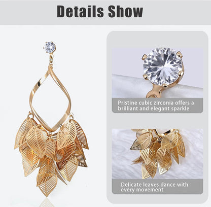 Gold Leaf Dangle Earrings for Women Nature-Inspired 925 Sterling Silver Twisted Chandelier Jewelry with Cubic Zirconia