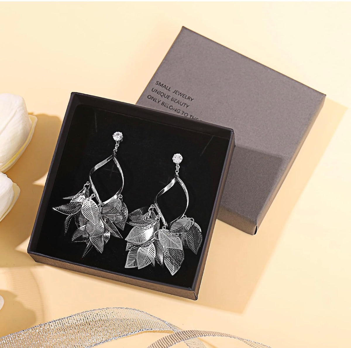 Silver Leaf Dangle Earrings for Women Nature-Inspired 925 Sterling Silver Twisted Chandelier Jewelry with Cubic Zirconia