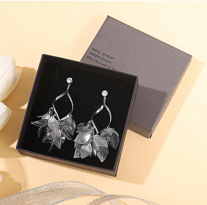 Silver Leaf Dangle Earrings for Women Nature-Inspired 925 Sterling Silver Twisted Chandelier Jewelry with Cubic Zirconia