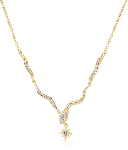 Serpentine Snake Star Pendant Necklace 18K Gold Plated CZ Diamond Accents