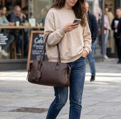 CAITINA Shoulder Bag Satchel Top Handle Hand Bag w/ Shoulder Strap – PU Vegan Leather – Dark Brown Espresso - Brand New