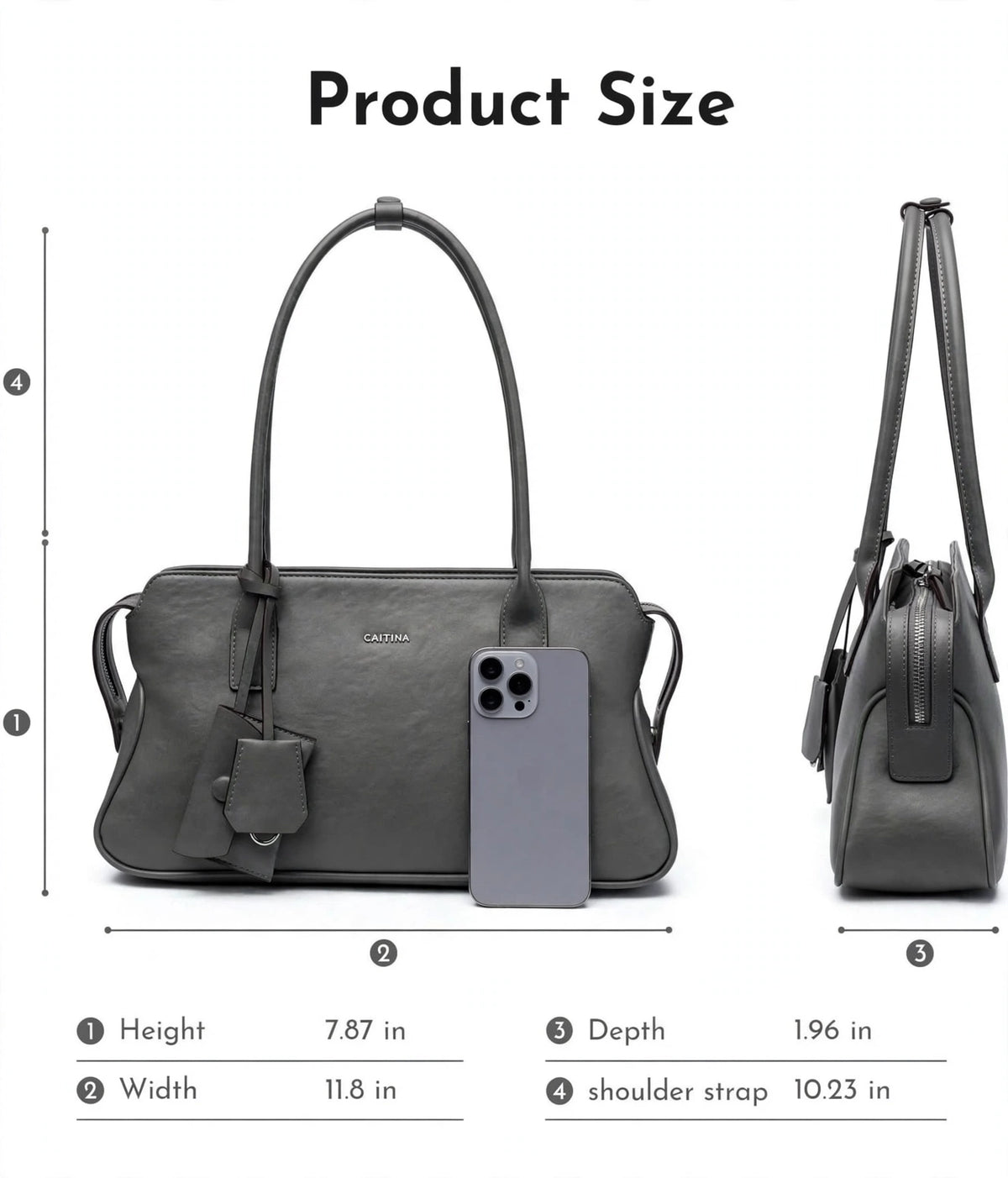 CAITINA Shoulder Bag Satchel Top Handle Hand Bag w/ Shoulder Strap – PU Vegan Leather – Charcoal Gray - Brand New