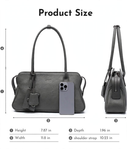 CAITINA Shoulder Bag Satchel Top Handle Hand Bag w/ Shoulder Strap – PU Vegan Leather – Charcoal Gray - Brand New