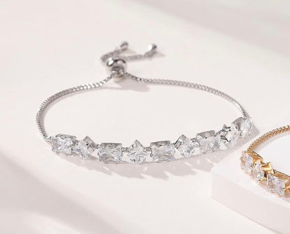 Adjustable Silver Tennis Bracelet with Sparkling Geometric Zirconia
