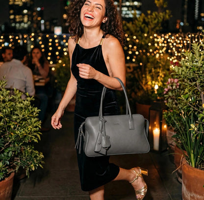 CAITINA Shoulder Bag Satchel Top Handle Hand Bag w/ Shoulder Strap – PU Vegan Leather – Charcoal Gray - Brand New