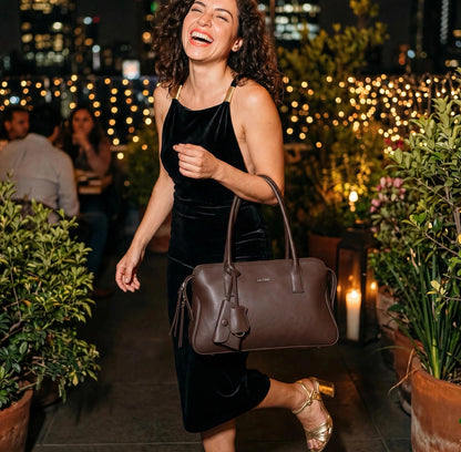 CAITINA Shoulder Bag Satchel Top Handle Hand Bag w/ Shoulder Strap – PU Vegan Leather – Dark Brown Espresso - Brand New