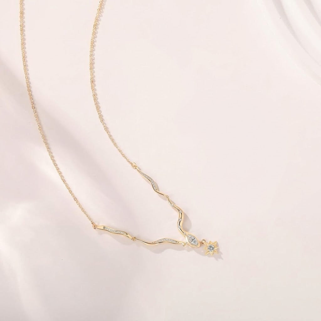 Serpentine Snake Star Pendant Necklace 18K Gold Plated CZ Diamond Accents