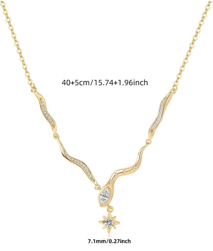 Serpentine Snake Star Pendant Necklace 18K Gold Plated CZ Diamond Accents