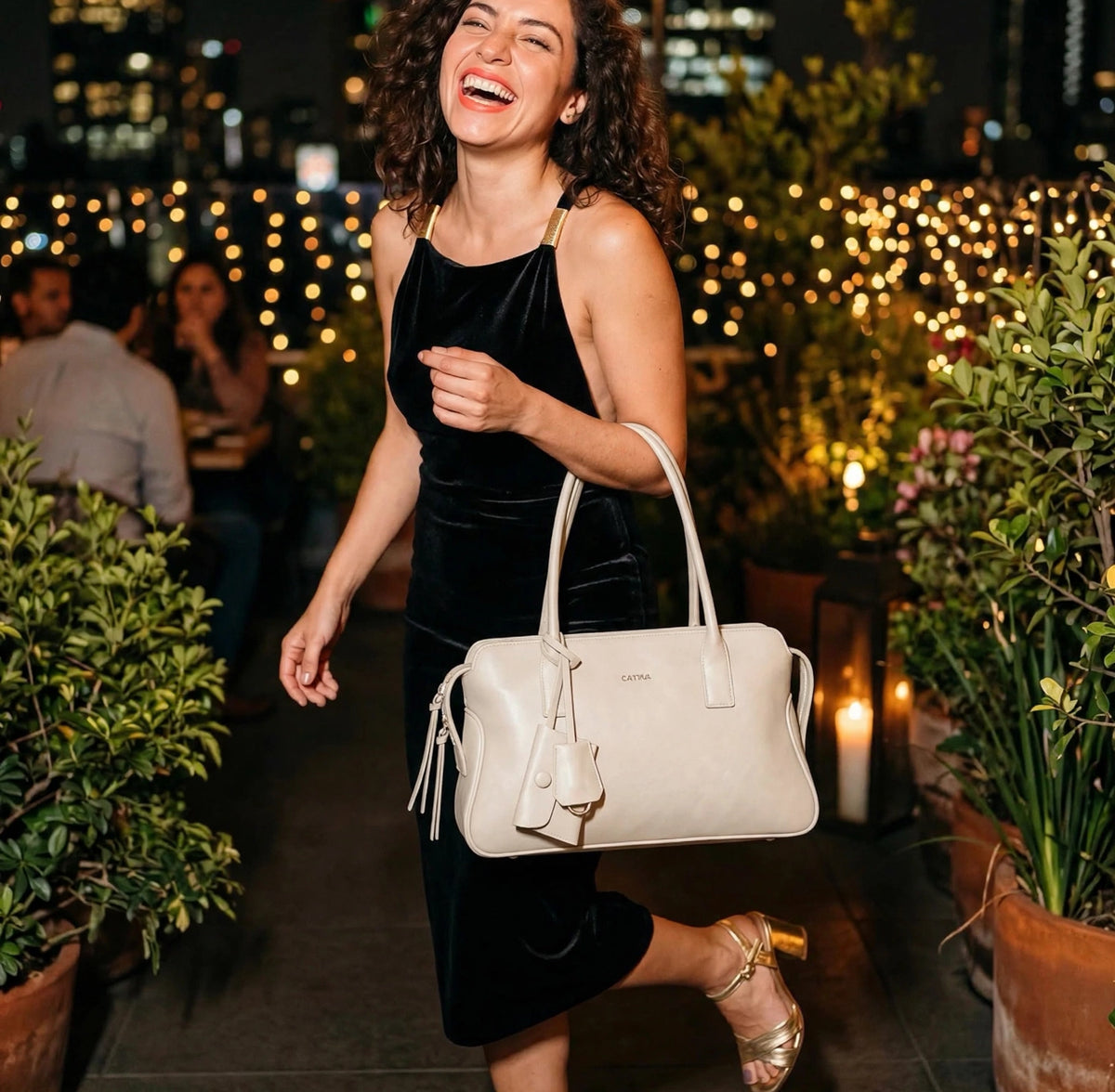 CAITINA Shoulder Bag Satchel Top Handle Hand Bag w/ Shoulder Strap – PU Vegan Leather – Ivory Cream - Brand New