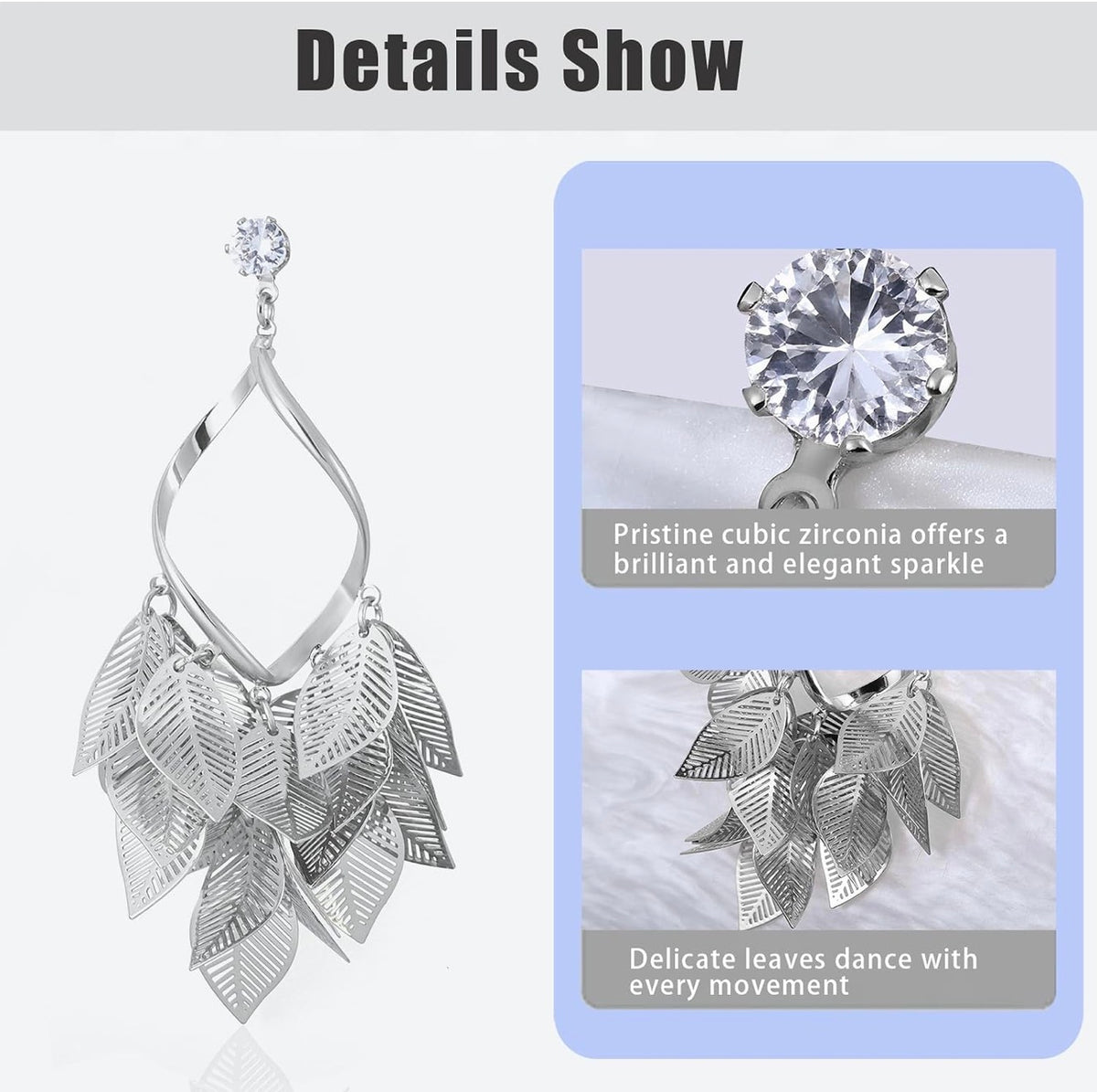 Silver Leaf Dangle Earrings for Women Nature-Inspired 925 Sterling Silver Twisted Chandelier Jewelry with Cubic Zirconia