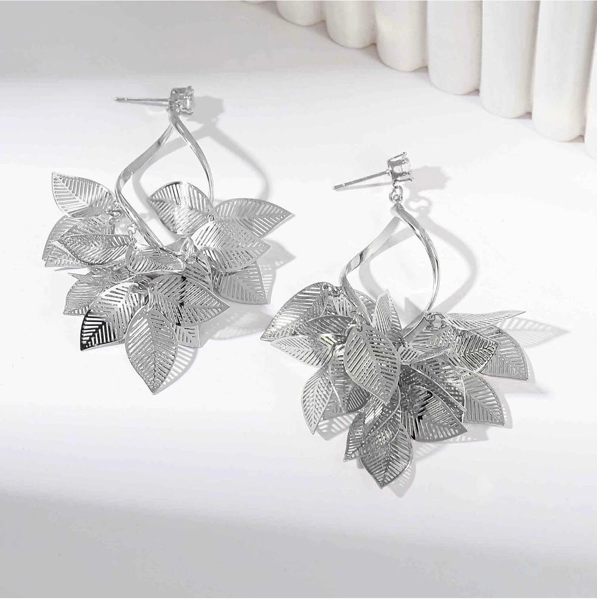 Silver Leaf Dangle Earrings for Women Nature-Inspired 925 Sterling Silver Twisted Chandelier Jewelry with Cubic Zirconia