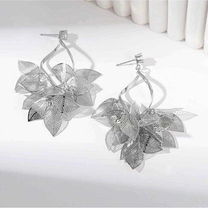 Silver Leaf Dangle Earrings for Women Nature-Inspired 925 Sterling Silver Twisted Chandelier Jewelry with Cubic Zirconia