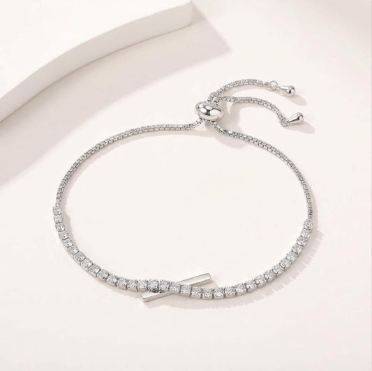 Sterling Silver Tennis Bracelet for Women – Adjustable Sparkling Cubic Zirconia Bolo Bracelet