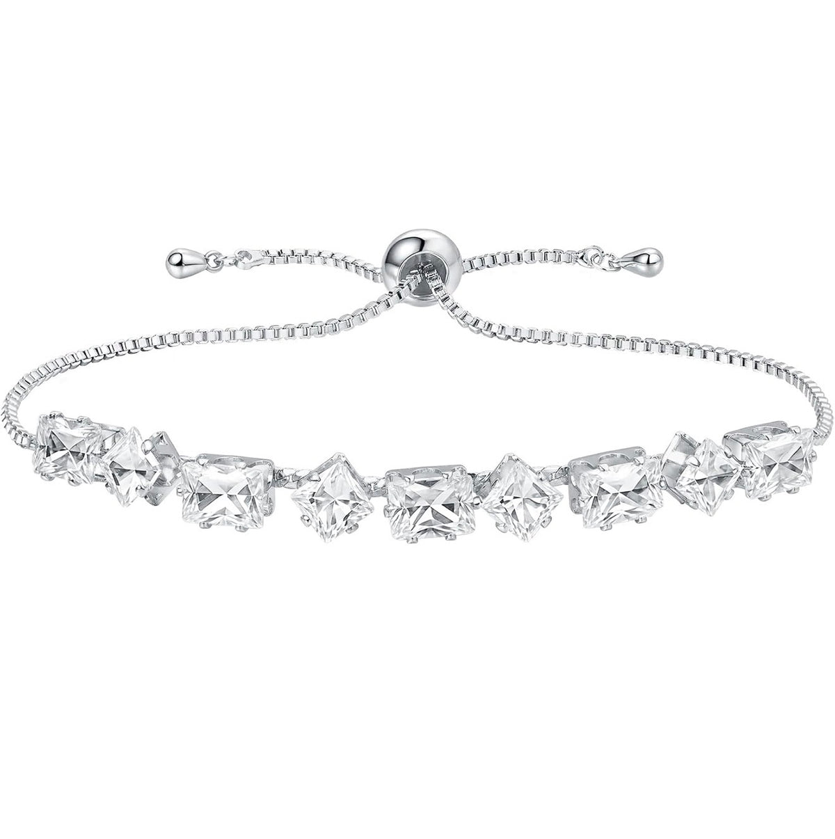 Adjustable Silver Tennis Bracelet with Sparkling Geometric Zirconia