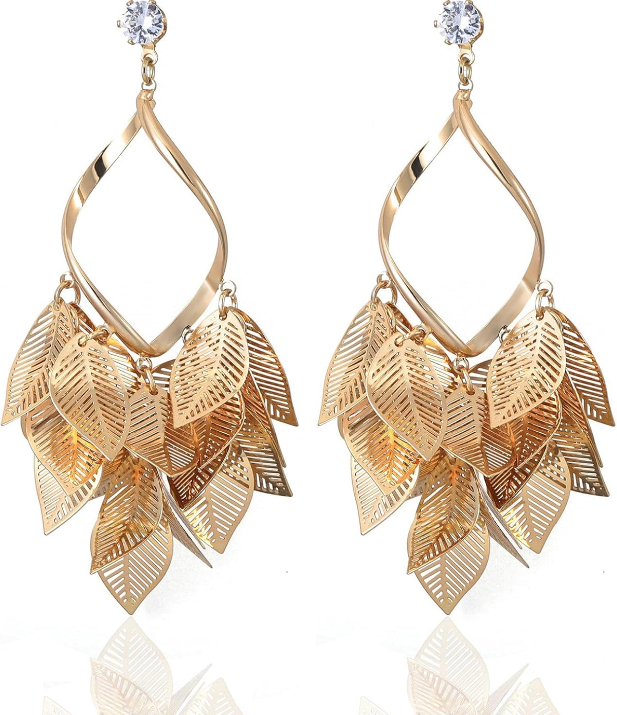 Gold Leaf Dangle Earrings for Women Nature-Inspired 925 Sterling Silver Twisted Chandelier Jewelry with Cubic Zirconia
