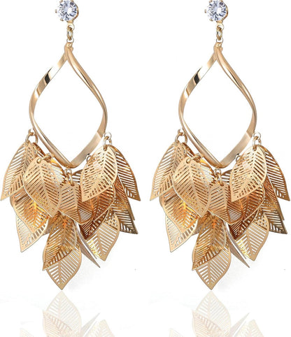 Gold Leaf Dangle Earrings for Women Nature-Inspired 925 Sterling Silver Twisted Chandelier Jewelry with Cubic Zirconia