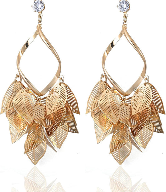Gold Leaf Dangle Earrings for Women Nature-Inspired 925 Sterling Silver Twisted Chandelier Jewelry with Cubic Zirconia