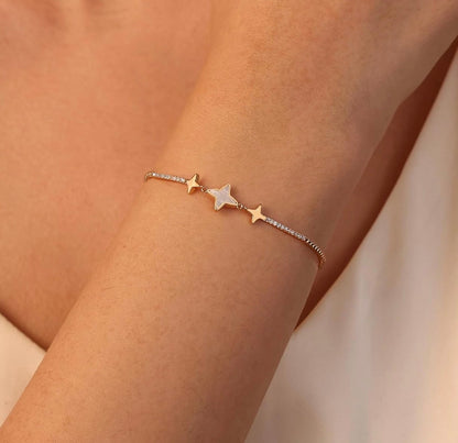 ⁠Celestial Star 18K Gold Plated Mother of Pearl & CZ Bolo Adjustable Bracelet