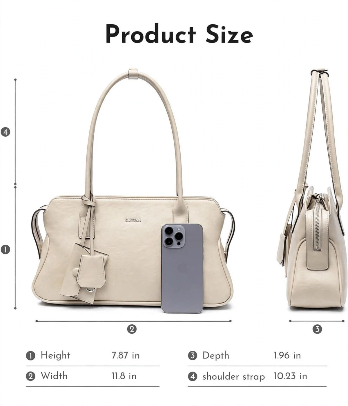 CAITINA Shoulder Bag Satchel Top Handle Hand Bag w/ Shoulder Strap – PU Vegan Leather – Ivory Cream - Brand New