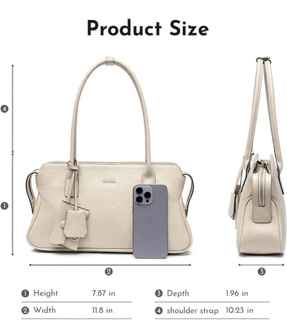 CAITINA Shoulder Bag Satchel Top Handle Hand Bag w/ Shoulder Strap – PU Vegan Leather – Ivory Cream - Brand New