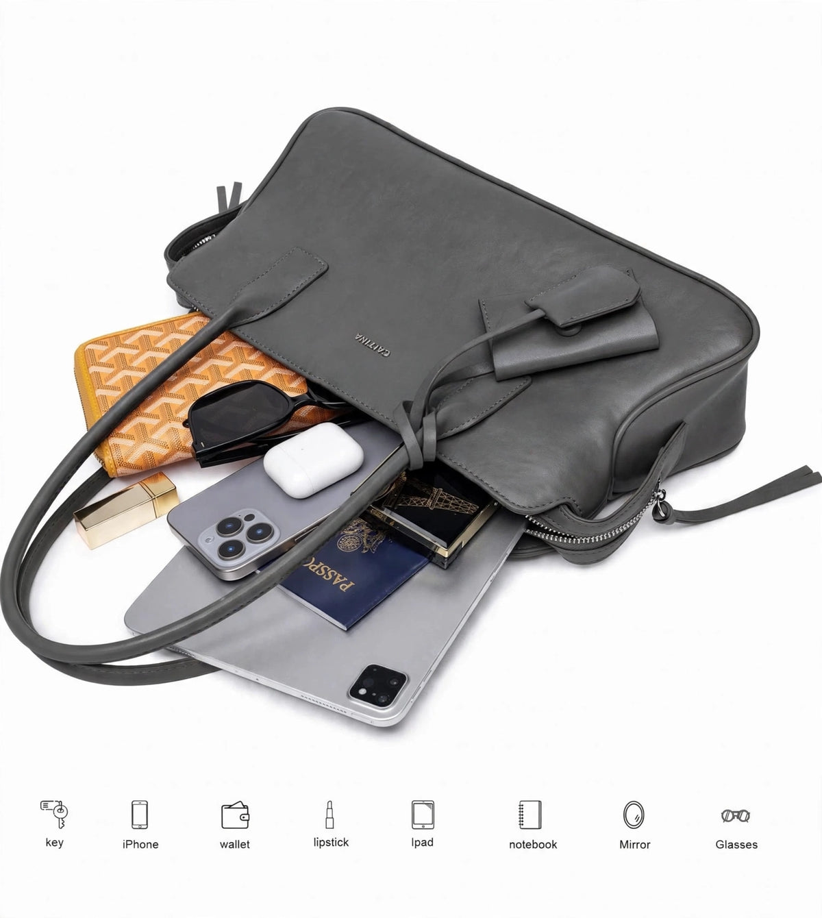 CAITINA Shoulder Bag Satchel Top Handle Hand Bag w/ Shoulder Strap – PU Vegan Leather – Charcoal Gray - Brand New