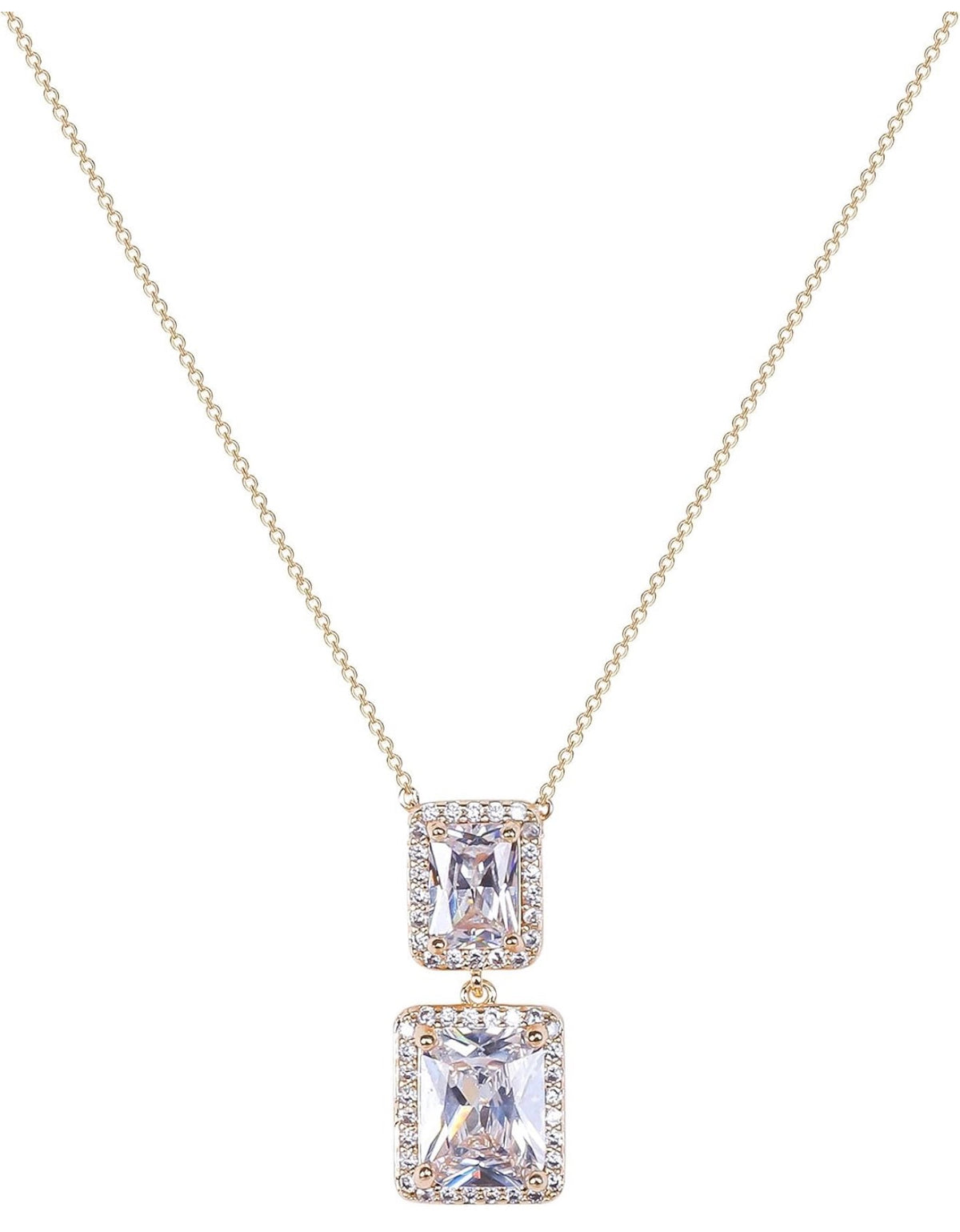 Double Radiant-Cut CZ Pendant Necklace S925 Sterling Silver 18K Gold Plated