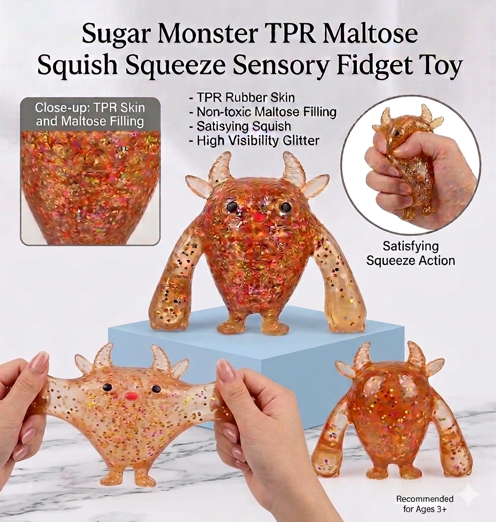 Sparkly Sugar Monster TPR Squish Toy – 11cm Glitter Filled Maltose Stress Relief Squeeze Toy